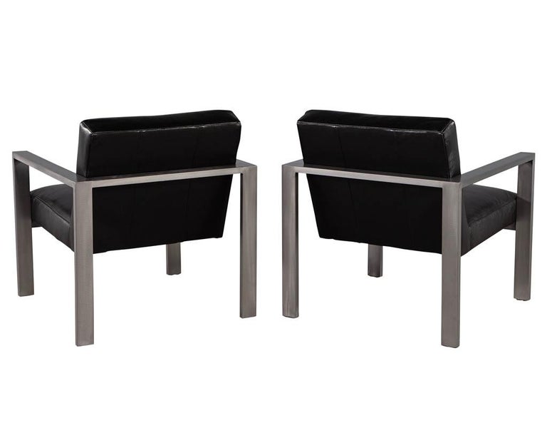 Pair of Mid-Century Modern Black Leather Metal Lounge Chairs with Ottomans For Sale 3