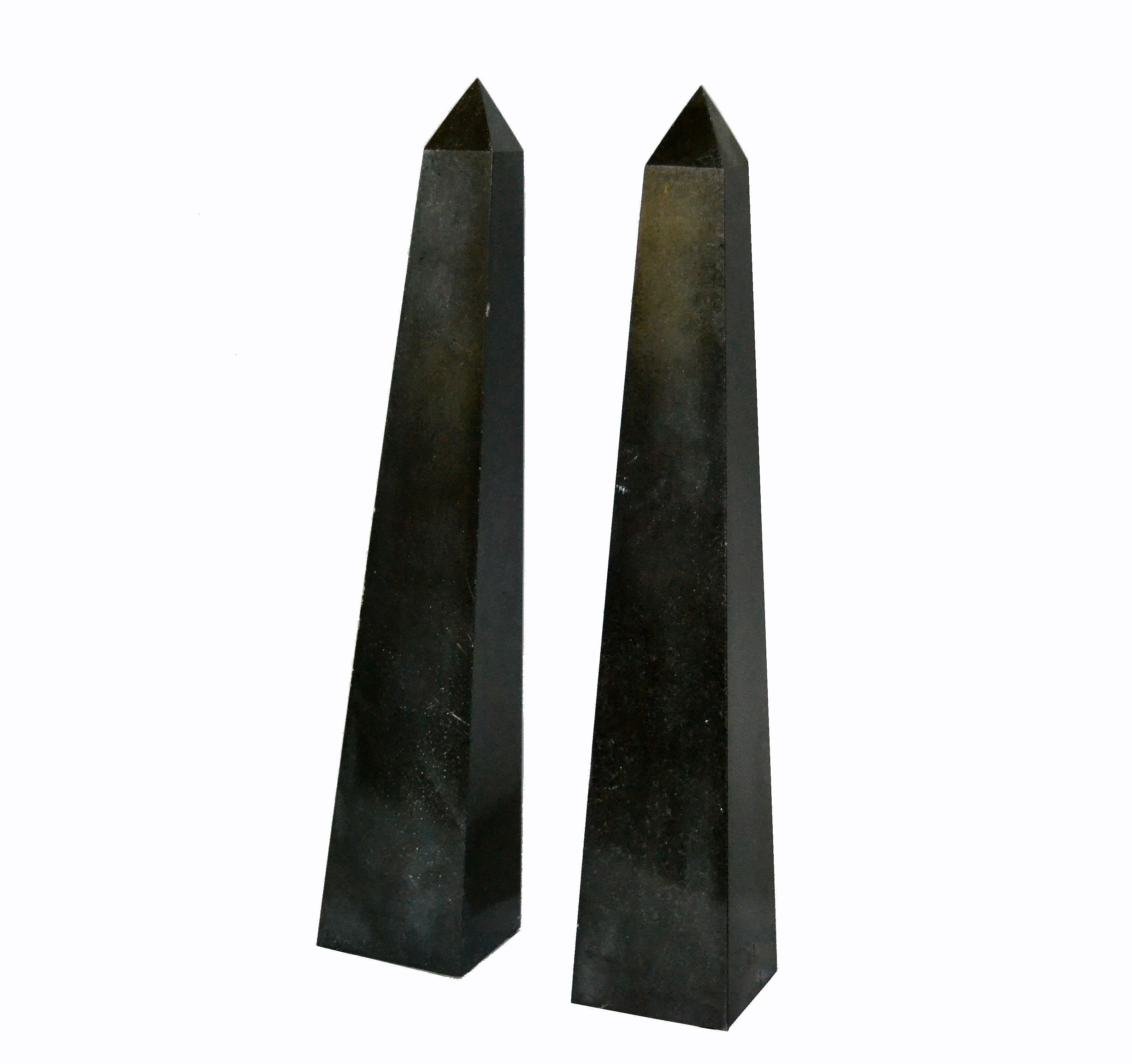 Polished Pair of Mid-Century Modern Black Marble Obelisks