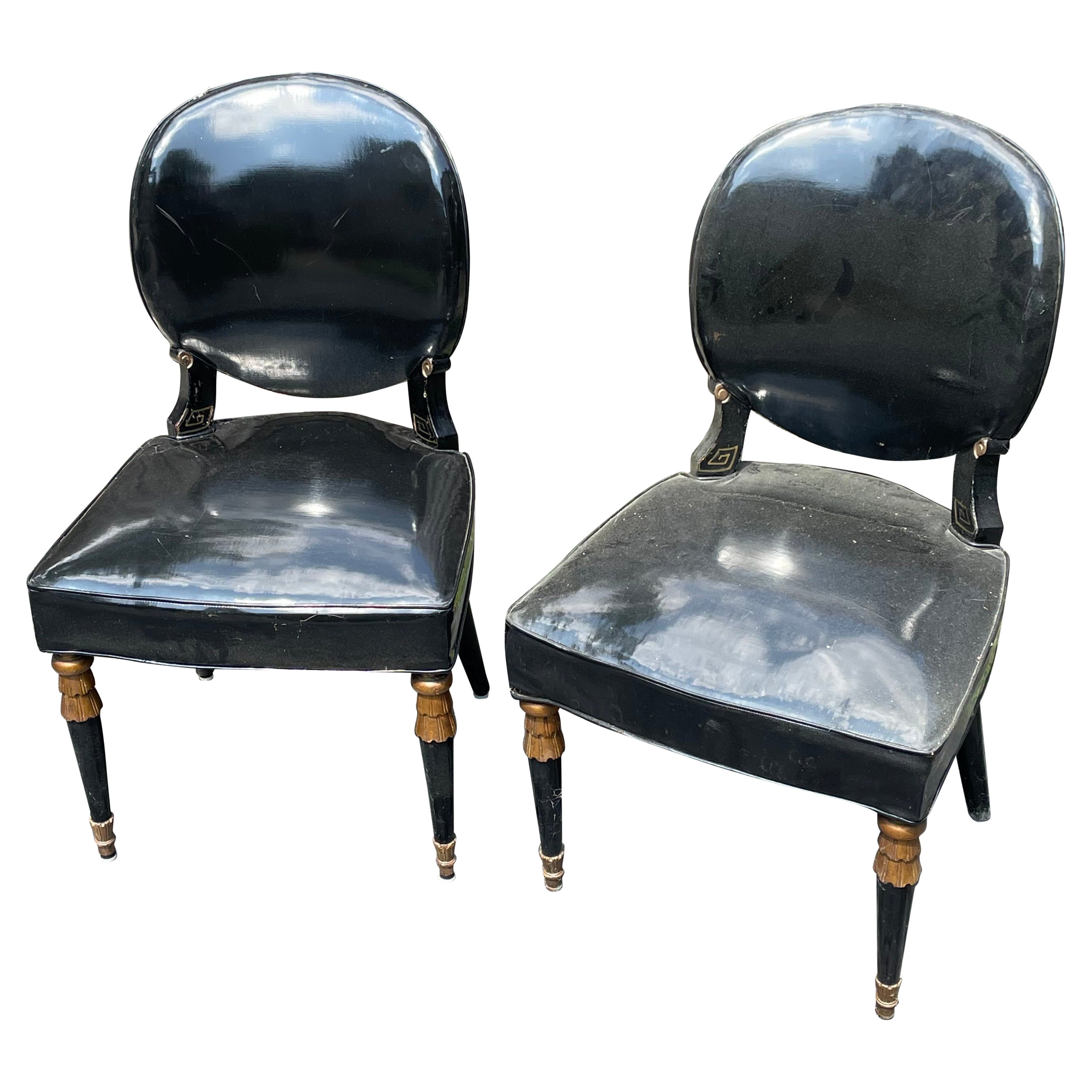 Pair of Mid Century Modern Black Patent Leather Side Chairs, James Mont Style