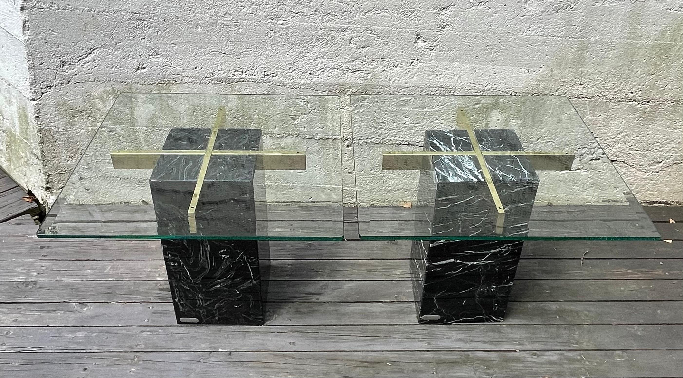 Beautiful rare pair of Mid-Century Modern Artedi black travertine base side tables with brass supports and beveled glass tops, Italy.