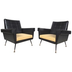 Pair of Mid-Century Modern Black Vinyl Lounge Chairs