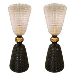Pair of Mid-Century Modern Black/White/Gold Murano Glass Table Lamps, 1980s