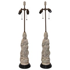 Pair of Mid-Century Modern Blanc de Chine Crackle Glaze Asian Table Lamps