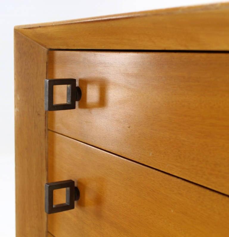 Pair of Mid-Century Modern Blonde Bachelor Chests with Heavy Brass Hardware For Sale 2