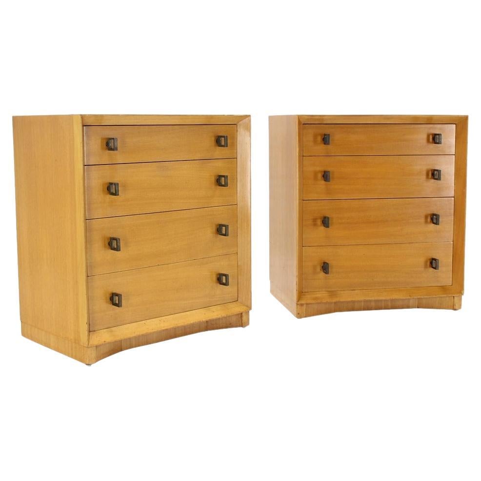Pair of Mid-Century Modern Blonde Bachelor Chests with Heavy Brass Hardware For Sale
