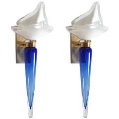 Pair of Mid-Century Modern Blue and White Murano Glass Sconces, by Seguso, 1970s