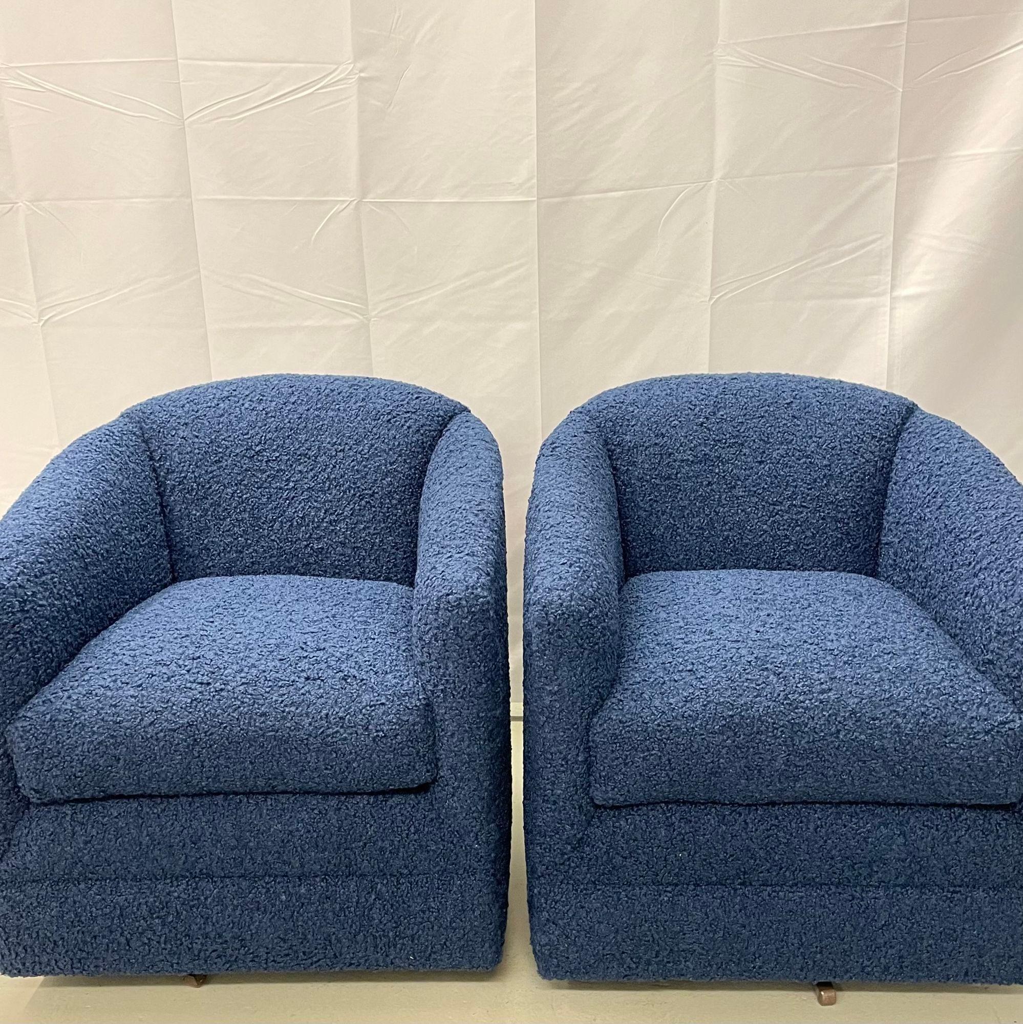 American Pair of Mid-Century Modern Blue Boucle Swivel / Barrel Chairs, Edward Ferrell