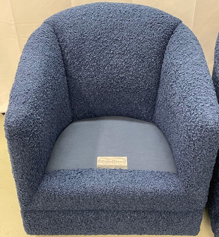 Pair of Mid-Century Modern Blue Boucle Swivel / Barrel Chairs, Edward ...