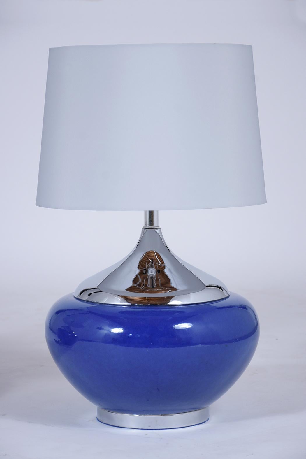 American Pair of Mid-Century Modern Blue Ceramic Table Lamps