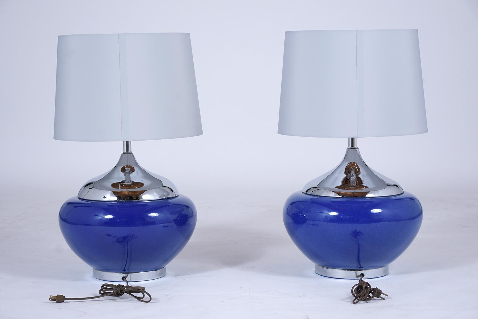 Late 20th Century Pair of Mid-Century Modern Blue Ceramic Table Lamps