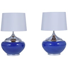 Pair of Mid-Century Modern Blue Ceramic Table Lamps