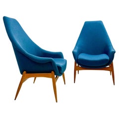 Pair of Mid-Century Modern Blue Fabric Armchairs by Julia Gaubek - Hungary 1950s