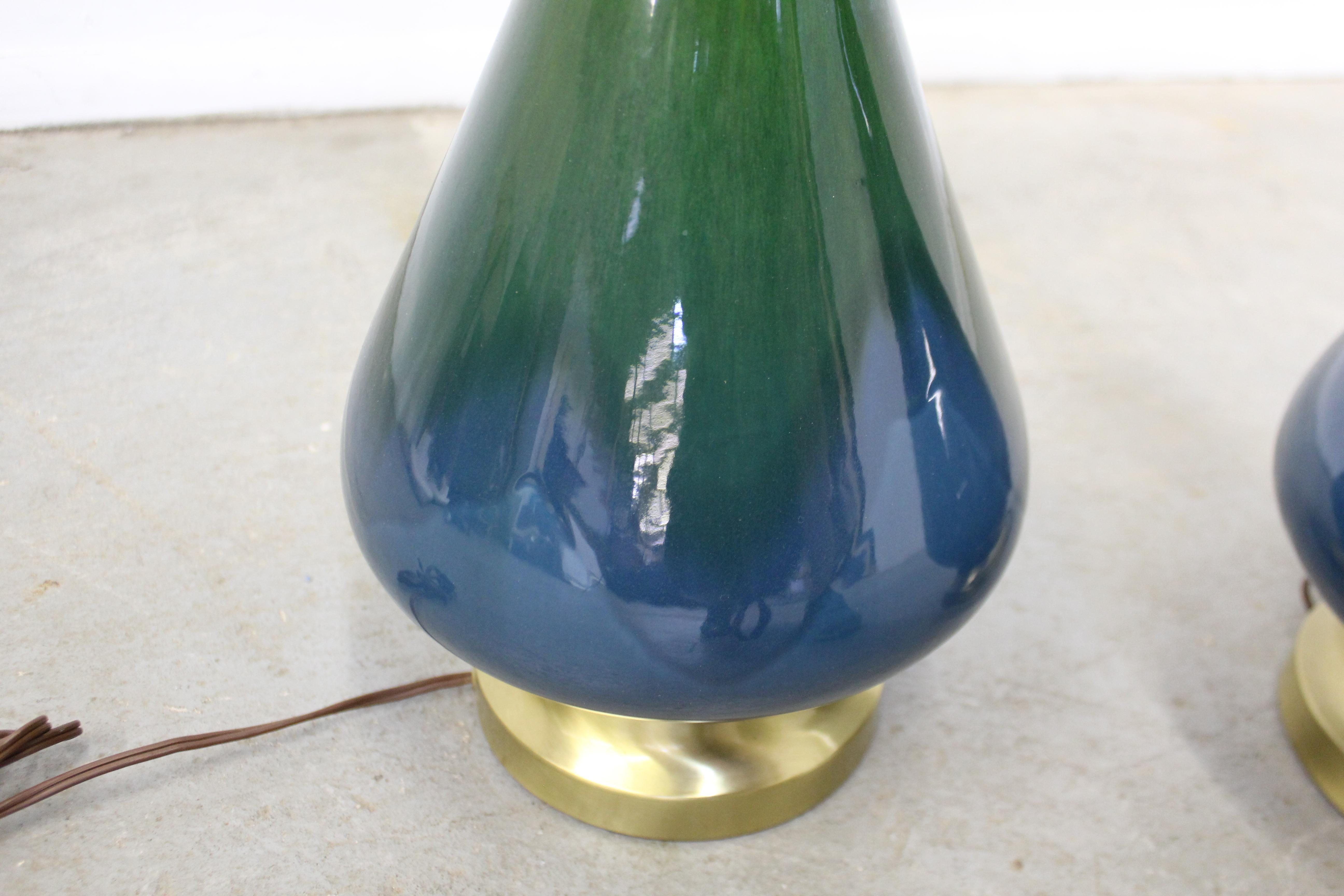Pair of Mid-Century Modern Blue Green Drip Glaze Table Lamps 3
