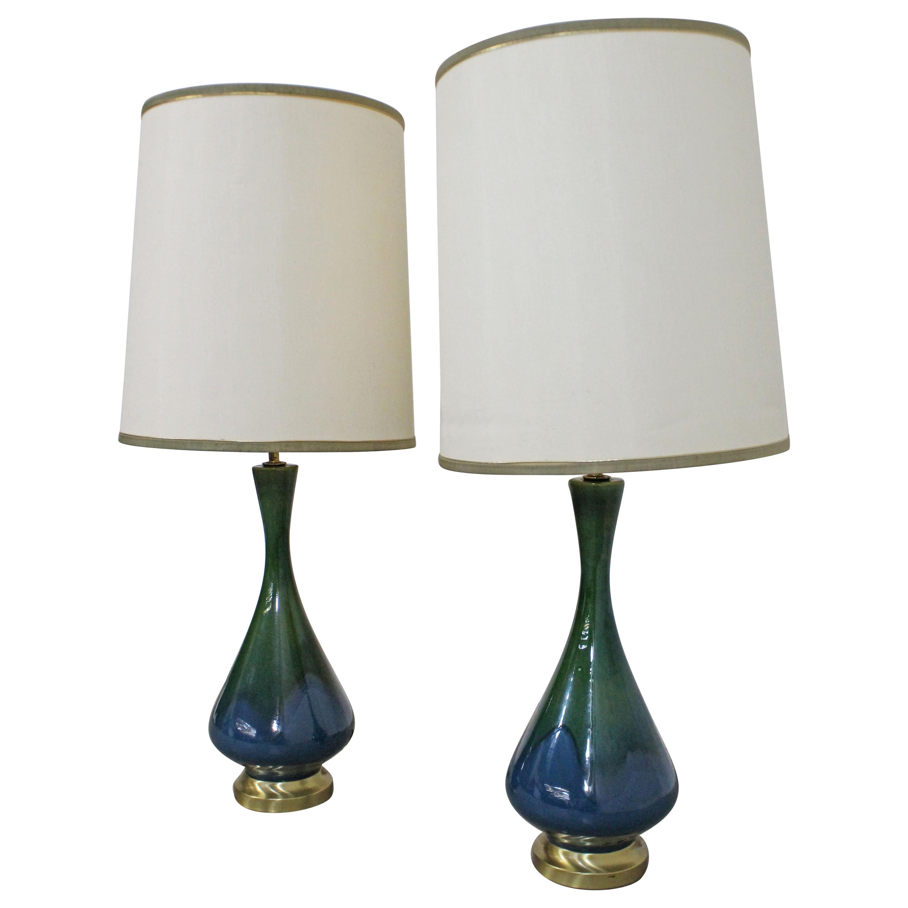 Pair of Mid-Century Modern Blue Green Drip Glaze Table Lamps