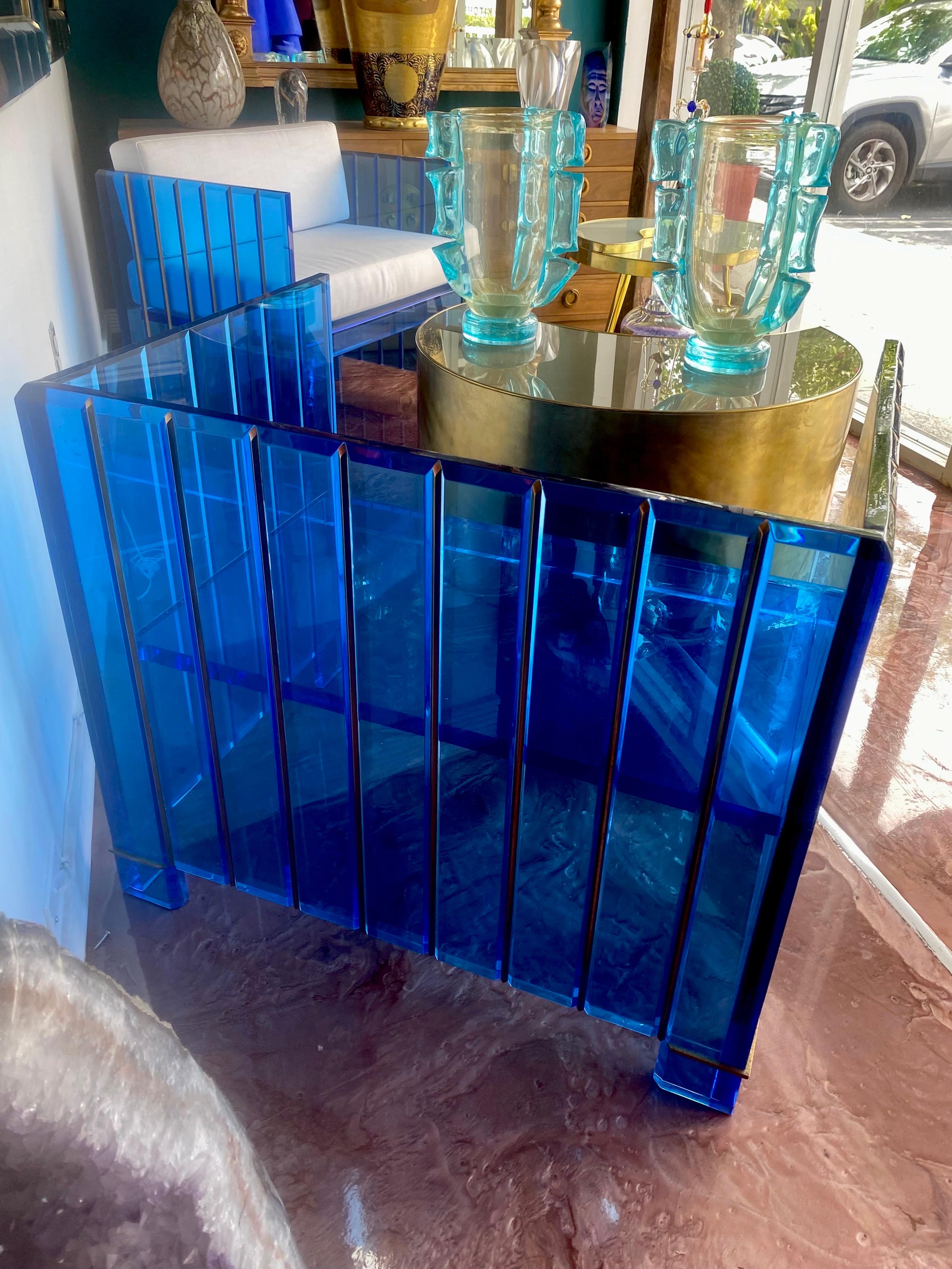 Pair of Mid-Century Modern Blue Lucite and Bronze Sculptural Chairs 5