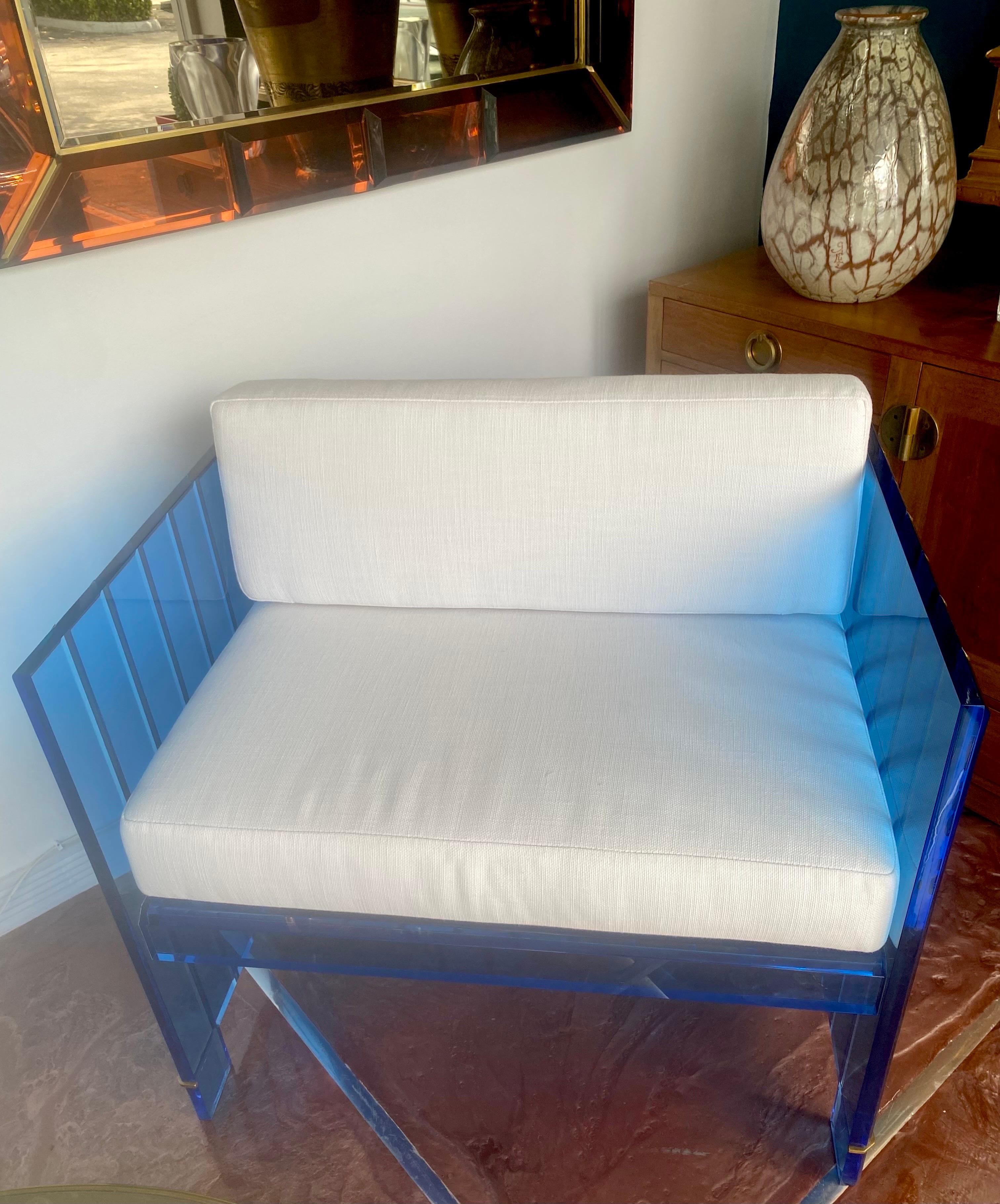 Pair of Mid-Century Modern Blue Lucite and Bronze Sculptural Chairs 1