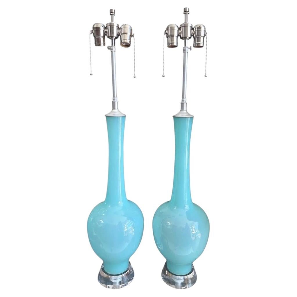 Pair of Mid Century Modern Blue Murano Glass Table Lamps