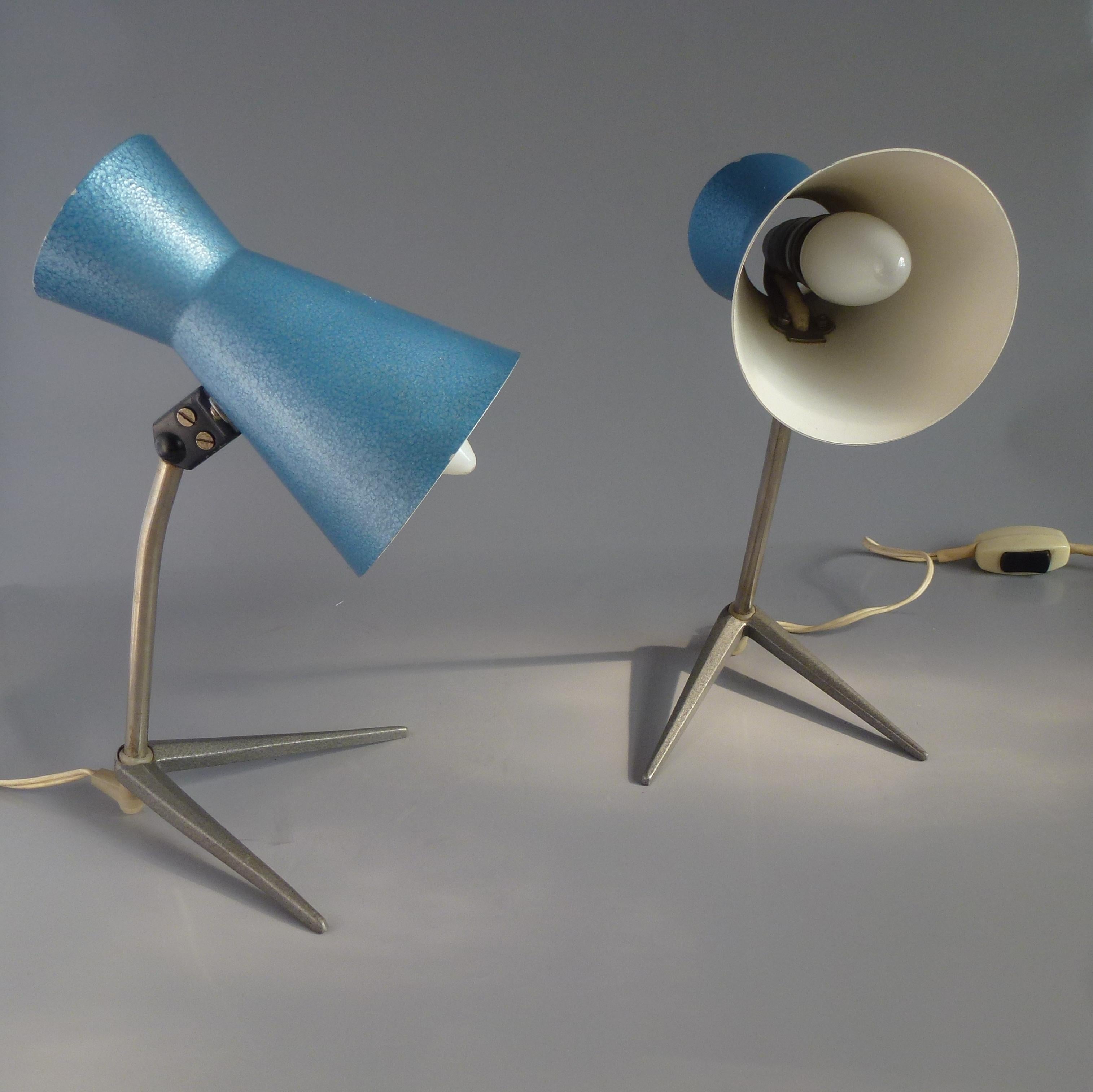 Mid-Century Modern Original Blue Color Pair of Nightstand or Table Lamps, Hungary 1960s For Sale