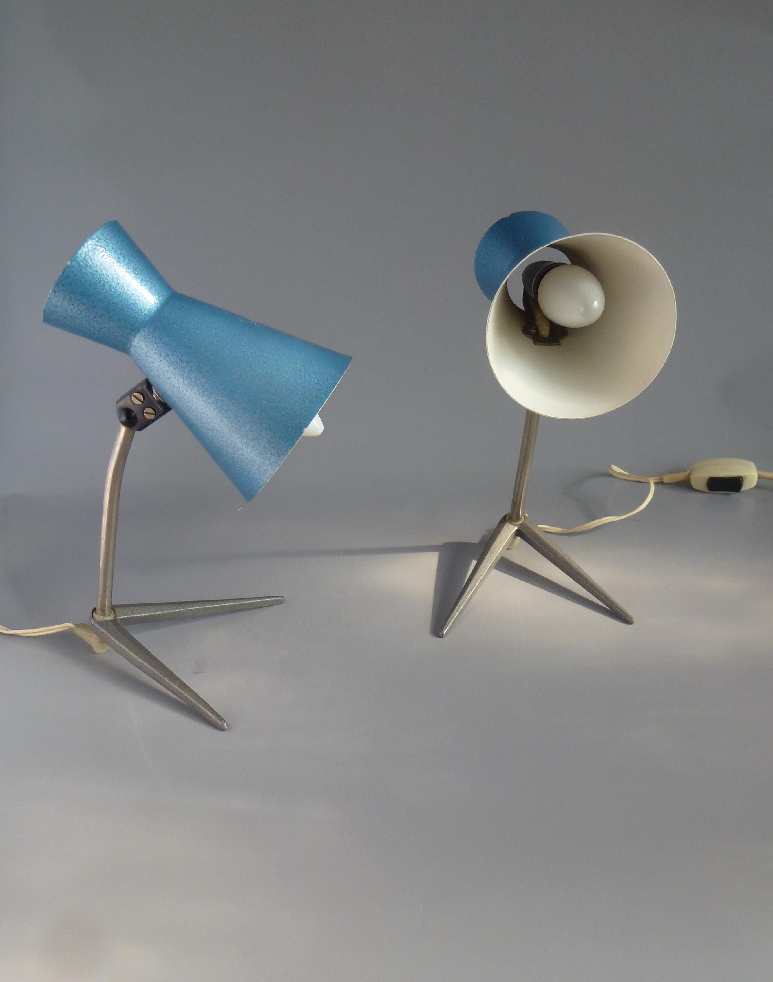 Hungarian Original Blue Color Pair of Nightstand or Table Lamps, Hungary 1960s For Sale
