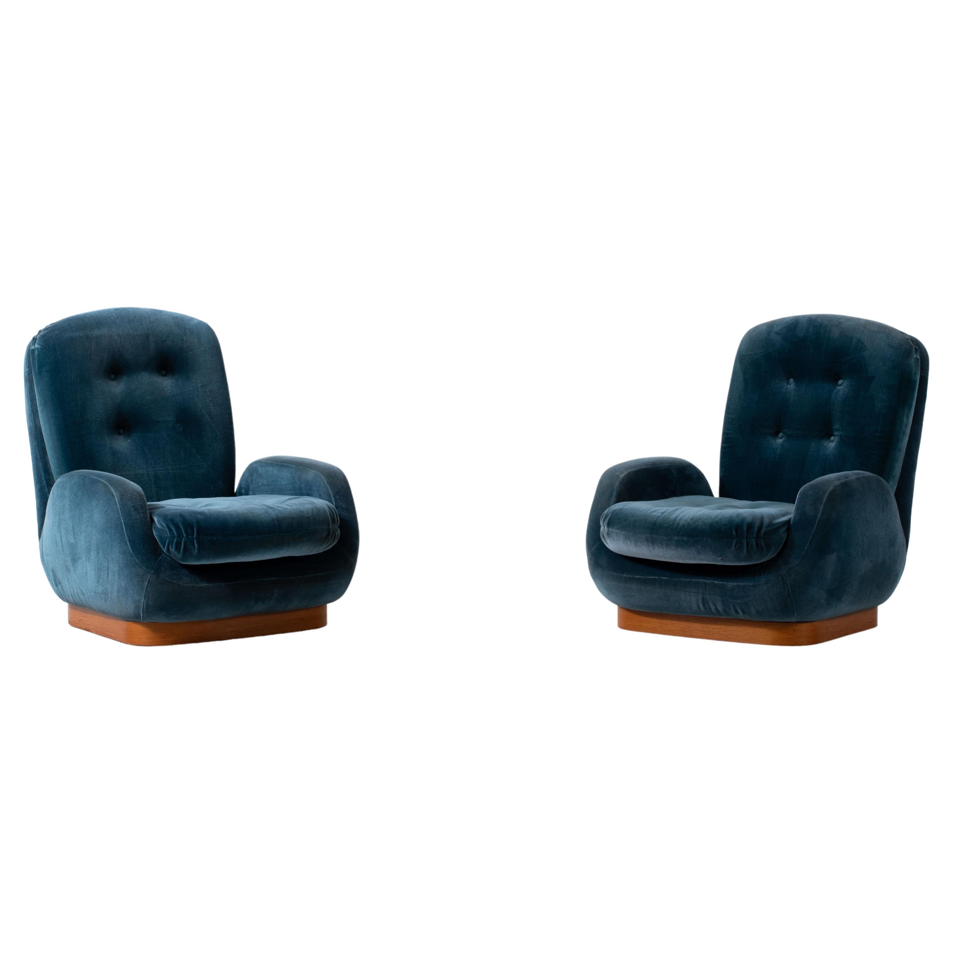 Pair of Mid-Century Modern Blue Velvet Armchairs