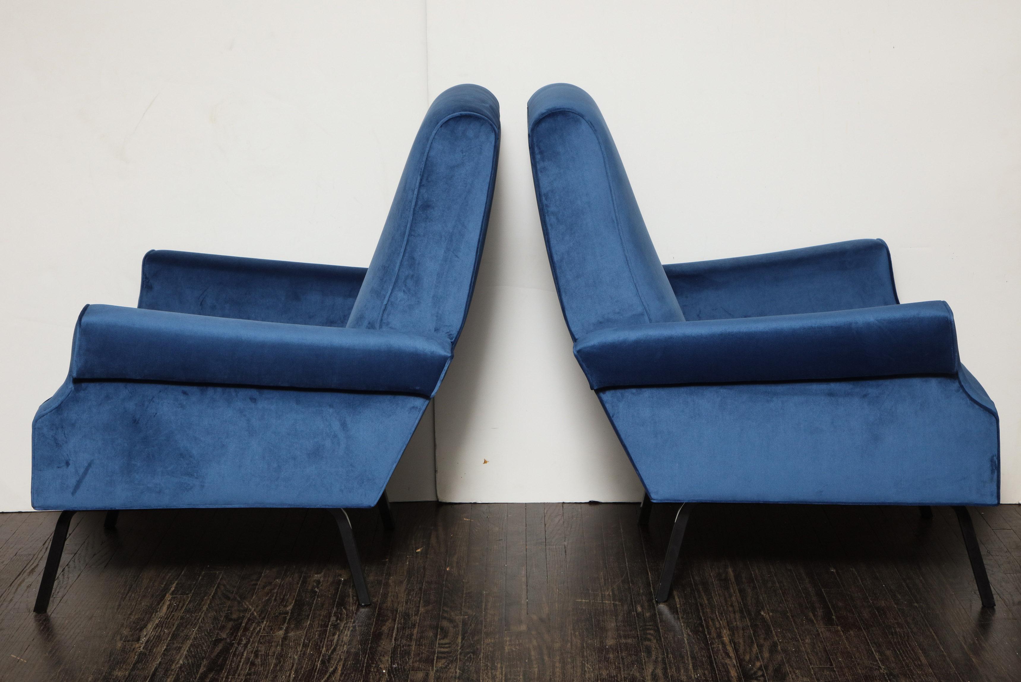 Italian Pair of Mid-Century Modern Blue Velvet Chairs with Black Iron Legs
