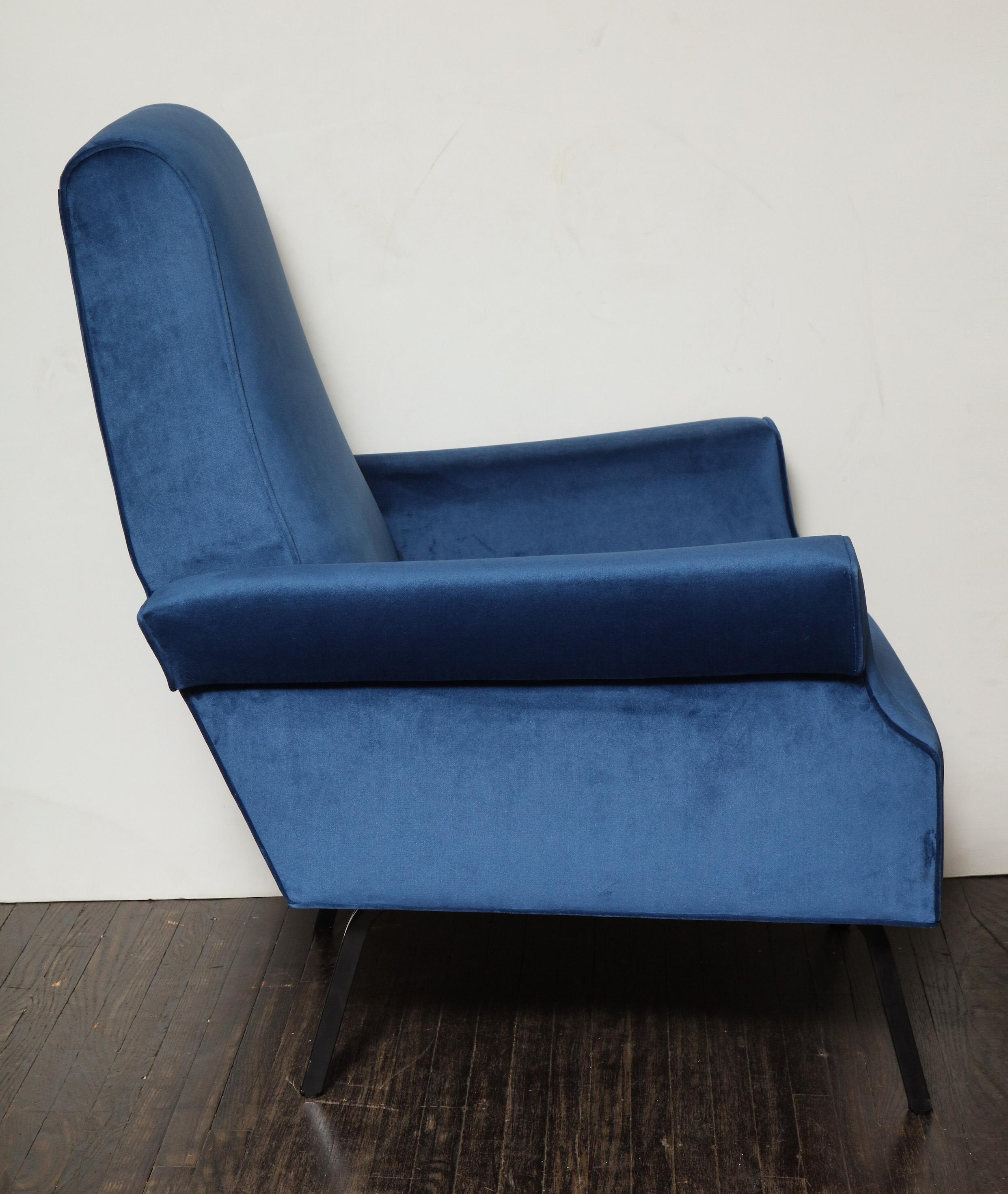 Fabric Pair of Mid-Century Modern Blue Velvet Chairs with Black Iron Legs
