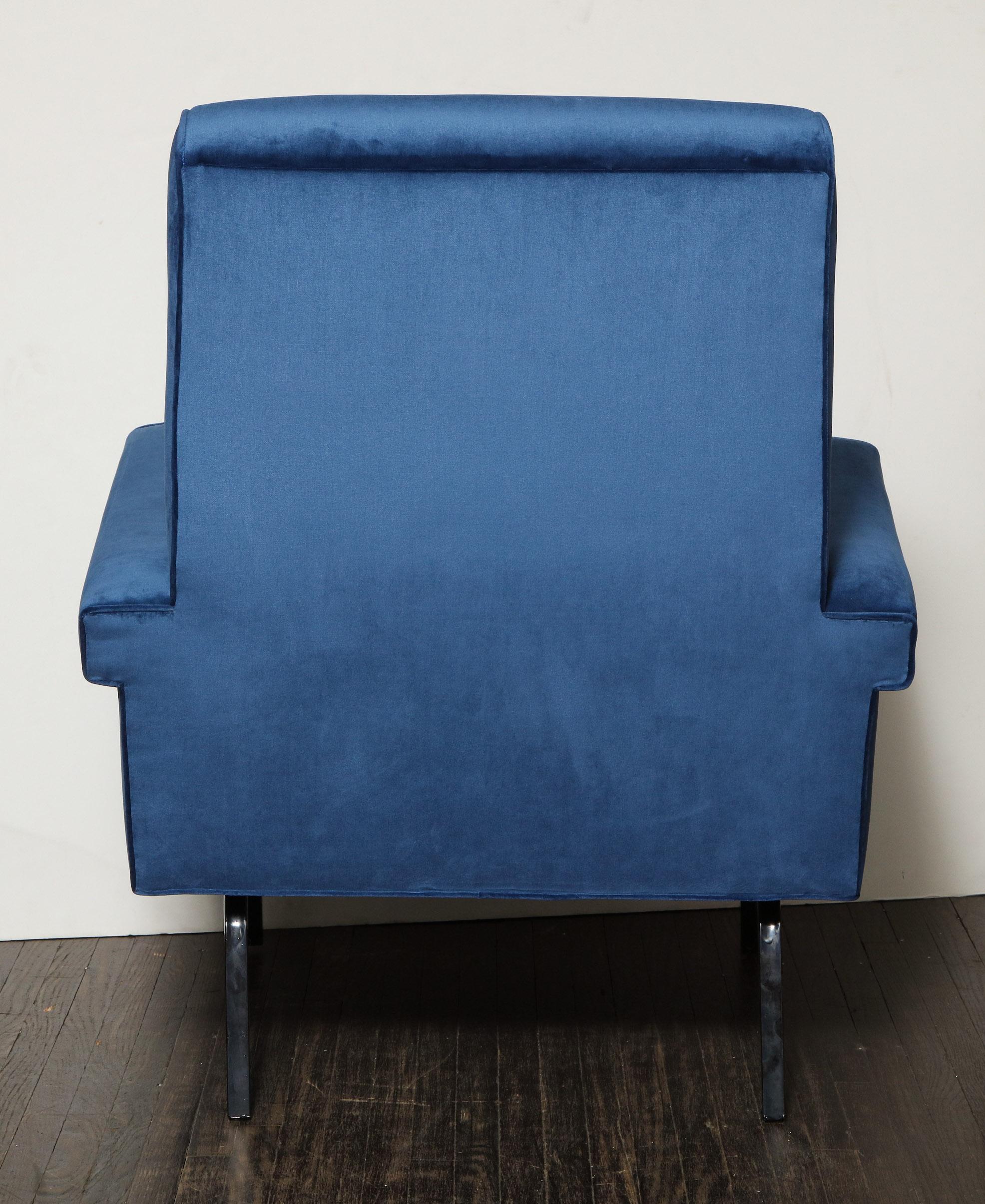 Pair of Mid-Century Modern Blue Velvet Chairs with Black Iron Legs 2