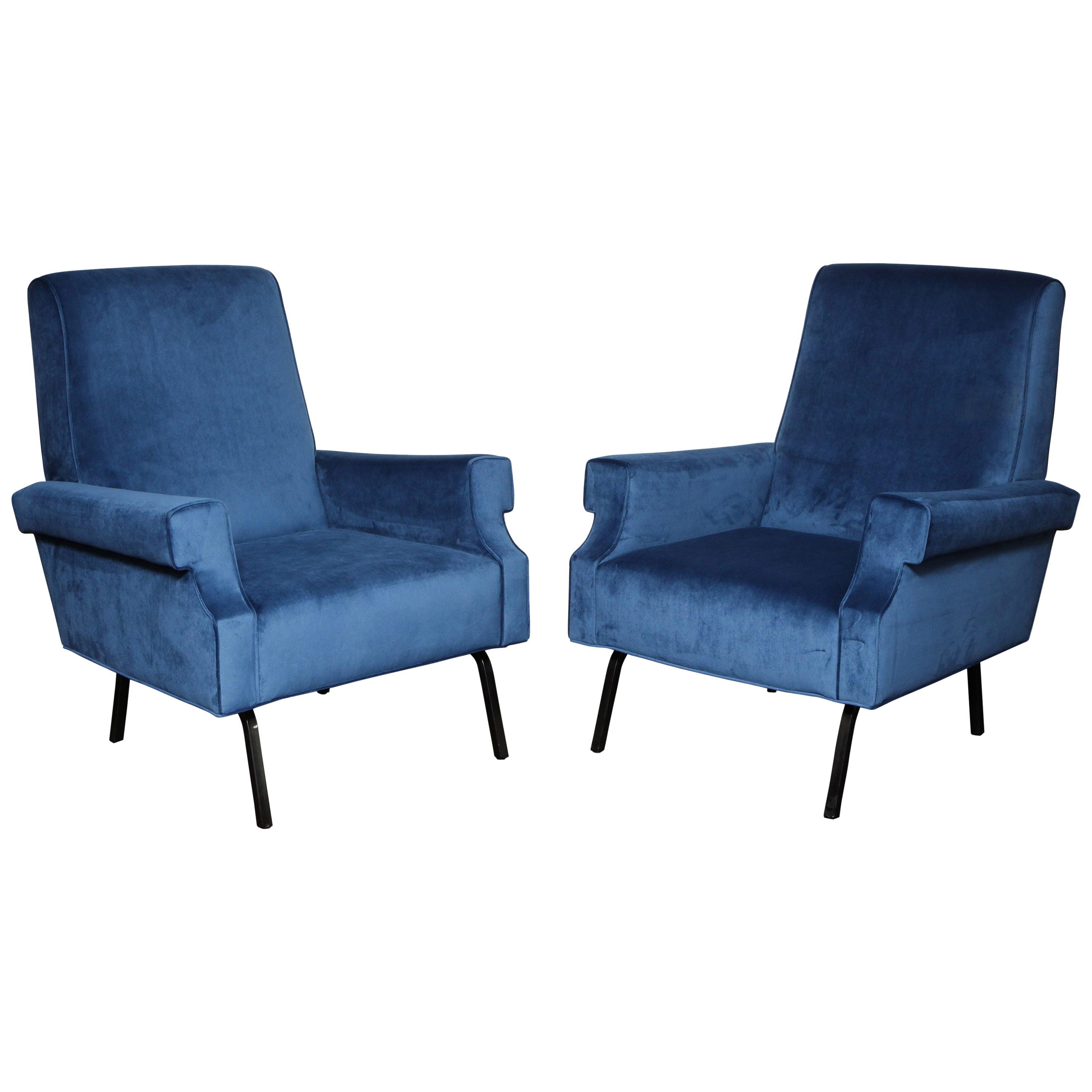Pair of Mid-Century Modern Blue Velvet Chairs with Black Iron Legs
