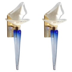 Pair of Mid-Century Modern Blue and White Murano Glass Sconces, by Seguso 1970s