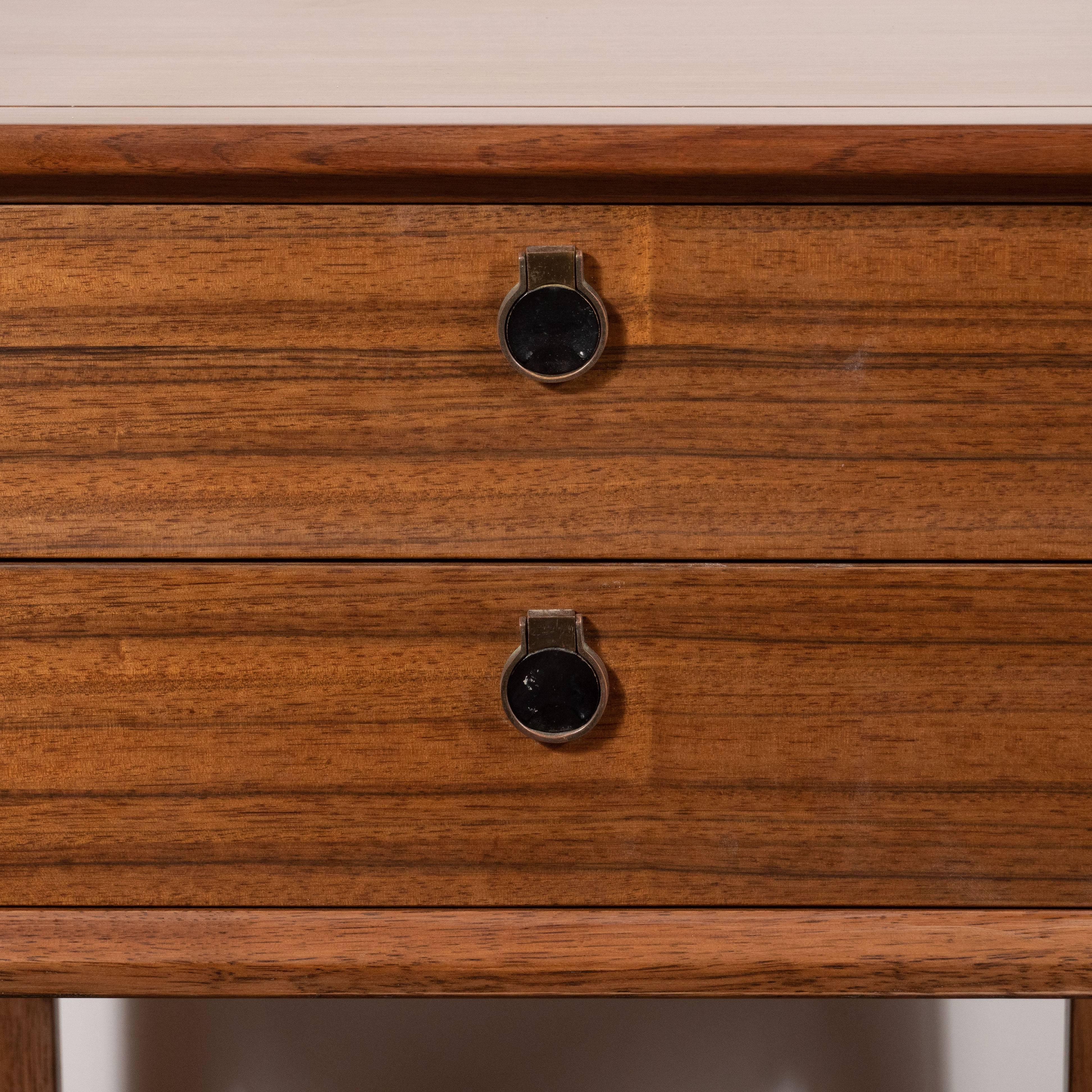 American Pair of Mid-Century Modern Bookmatched Walnut Nightstands with Brass Pulls