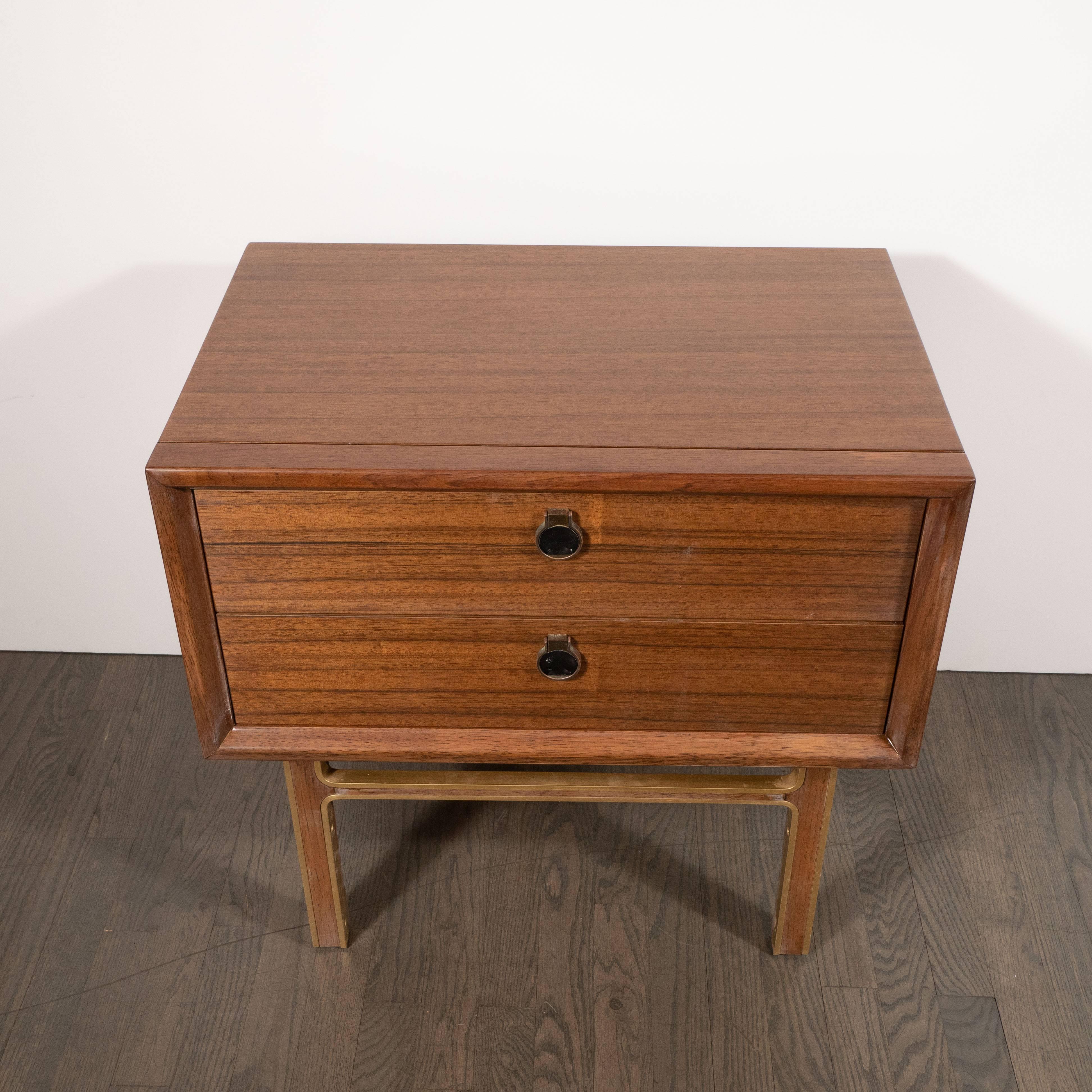 Mid-20th Century Pair of Mid-Century Modern Bookmatched Walnut Nightstands with Brass Pulls