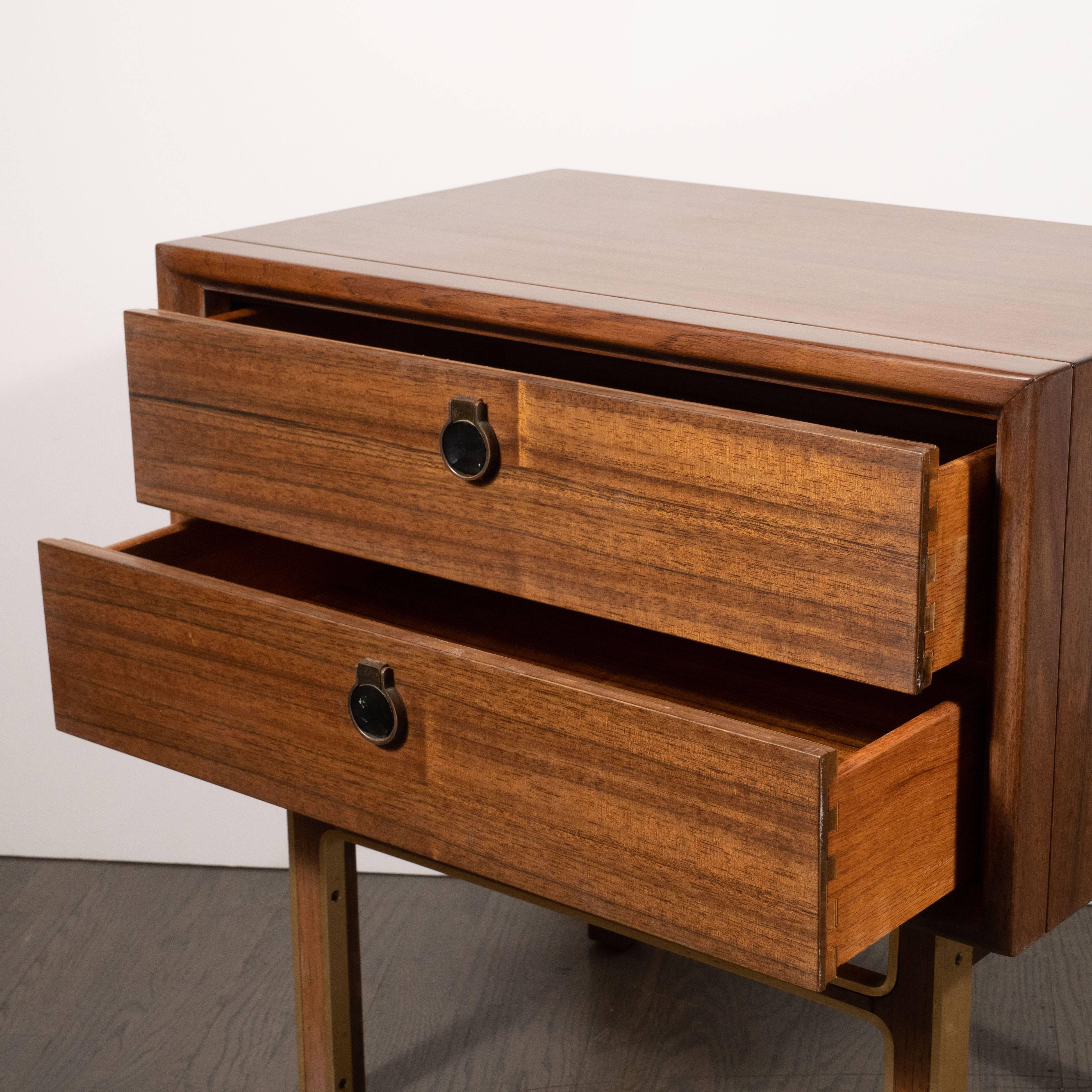 Pair of Mid-Century Modern Bookmatched Walnut Nightstands with Brass Pulls 3