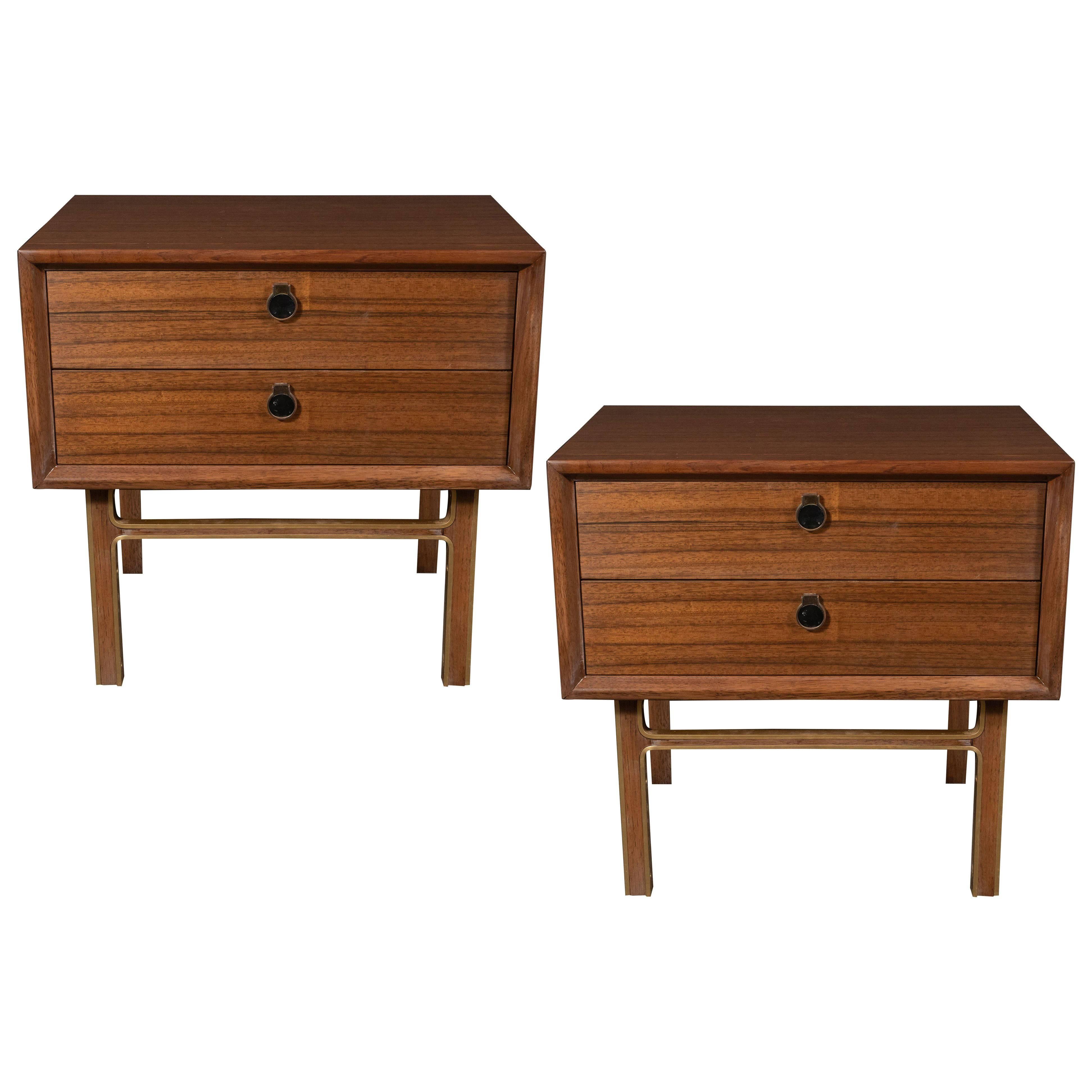 Pair of Mid-Century Modern Bookmatched Walnut Nightstands with Brass Pulls