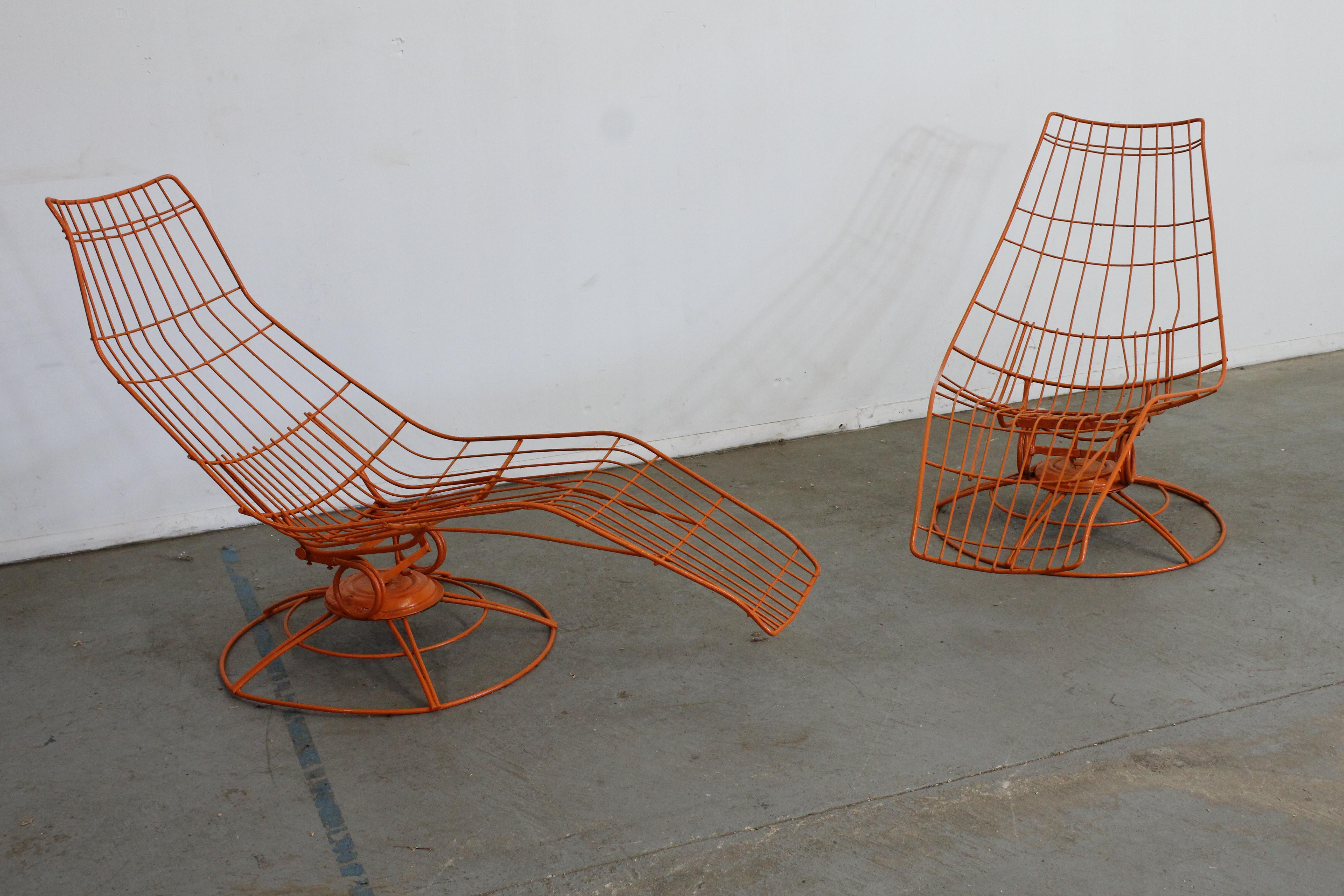 What a find. Offered is a pair of vintage Mid-Century Modern high-back Riviera Siesta Rocker patio lounge chairs (model 36) made by Homecrest, circa 1965. These chairs ONLY rock, and have been repainted in an atomic orange. They're in good condition