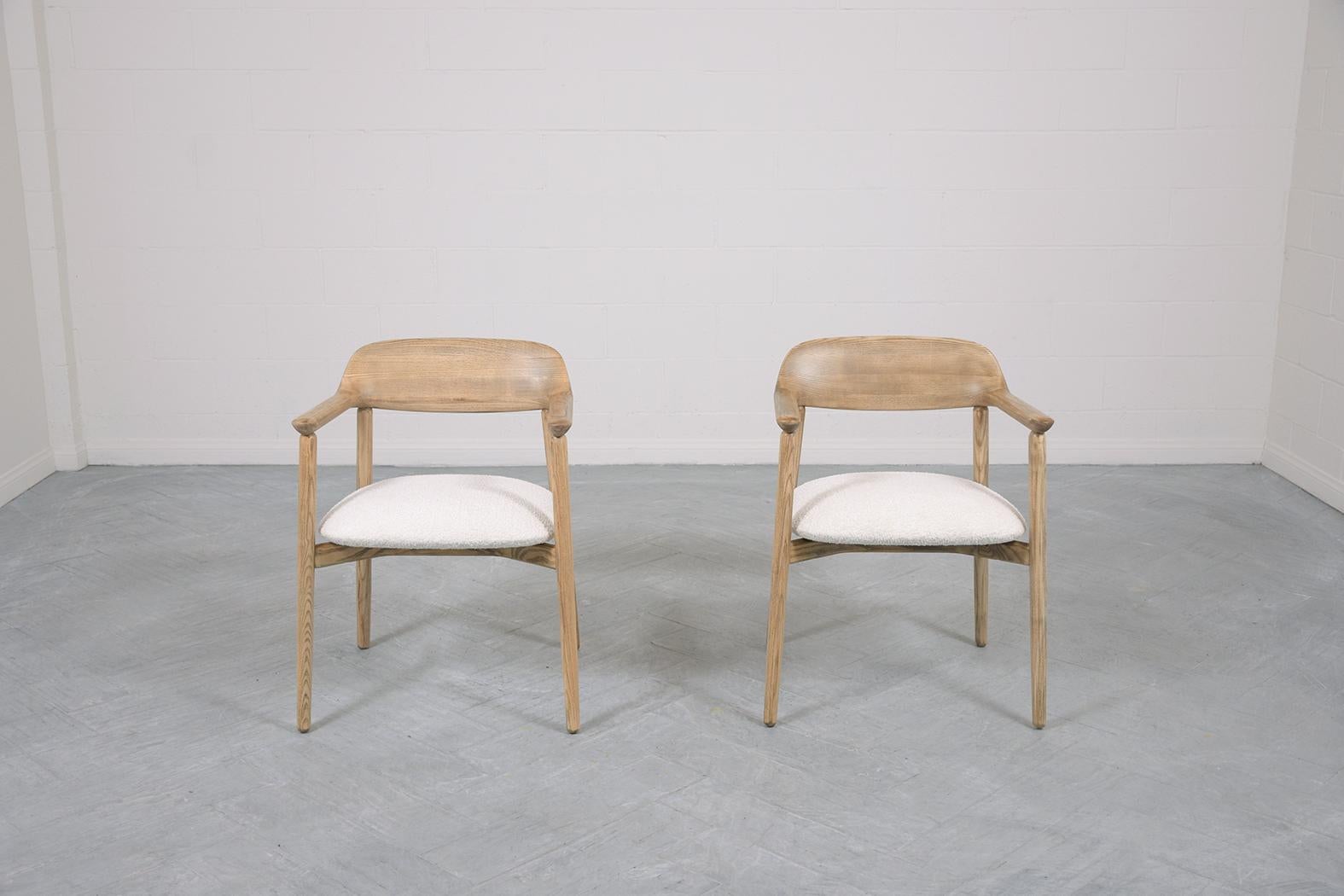Modern Restored 1990s Mid-Century Boucle Armchairs: White Upholstered with Beech Finish For Sale