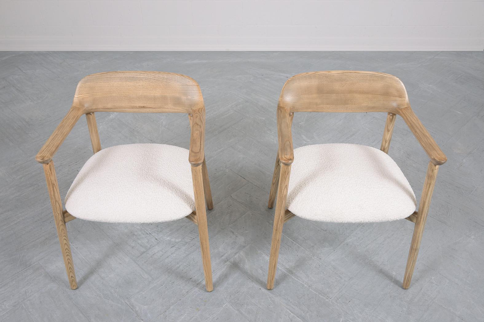 American Restored 1990s Mid-Century Boucle Armchairs: White Upholstered with Beech Finish For Sale