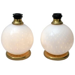 Pair of Mid-Century Modern Brass and Blown Murano Glass Table Lamps, 1970s