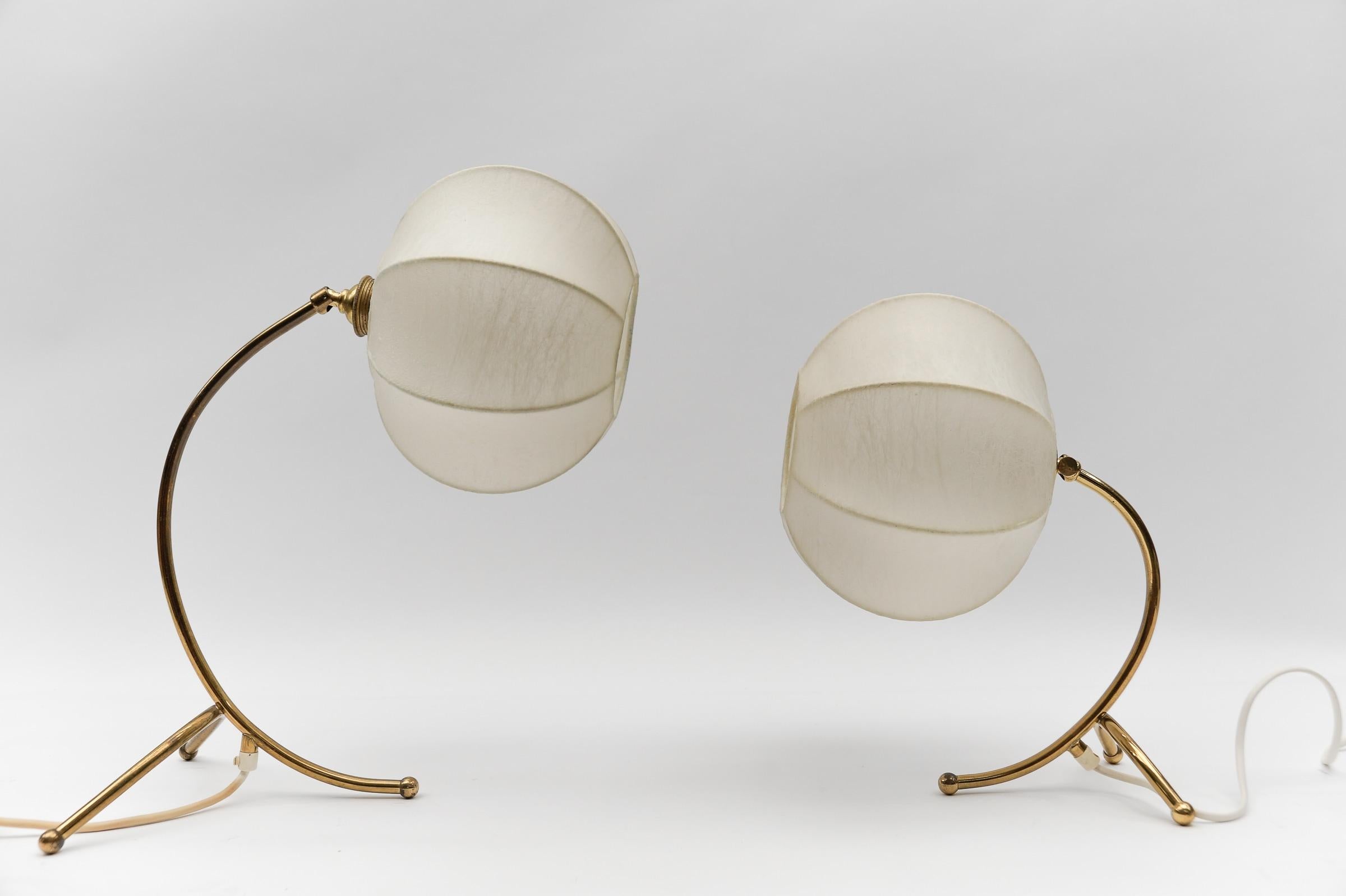 German Pair of Mid-Century Modern Brass and Cocoon Tripod Table Lamps, 1950s