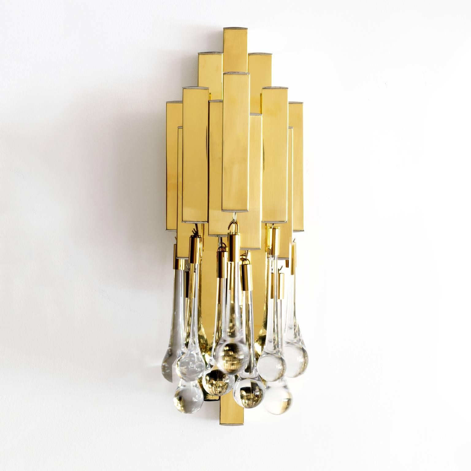 French Pair of Mid-Century Modern Brass and Crystal Sconces by Lumica, Barcelona Spain For Sale