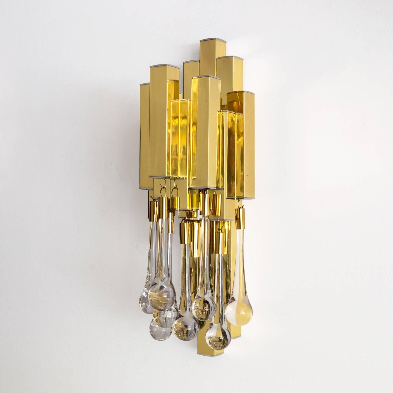 Hand-Crafted Pair of Mid-Century Modern Brass, Crystal Sconces by BD Lumica, Barcelona Spain For Sale