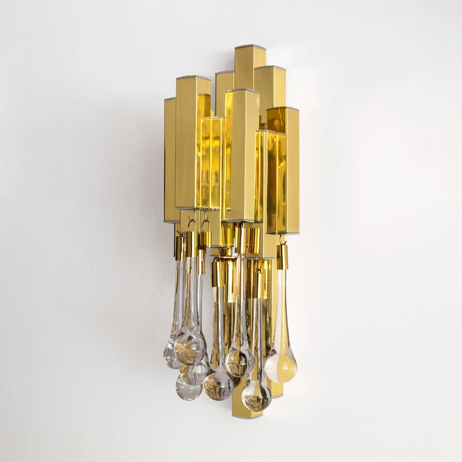 Hand-Crafted Pair of Mid-Century Modern Brass and Crystal Sconces by Lumica, Barcelona Spain For Sale