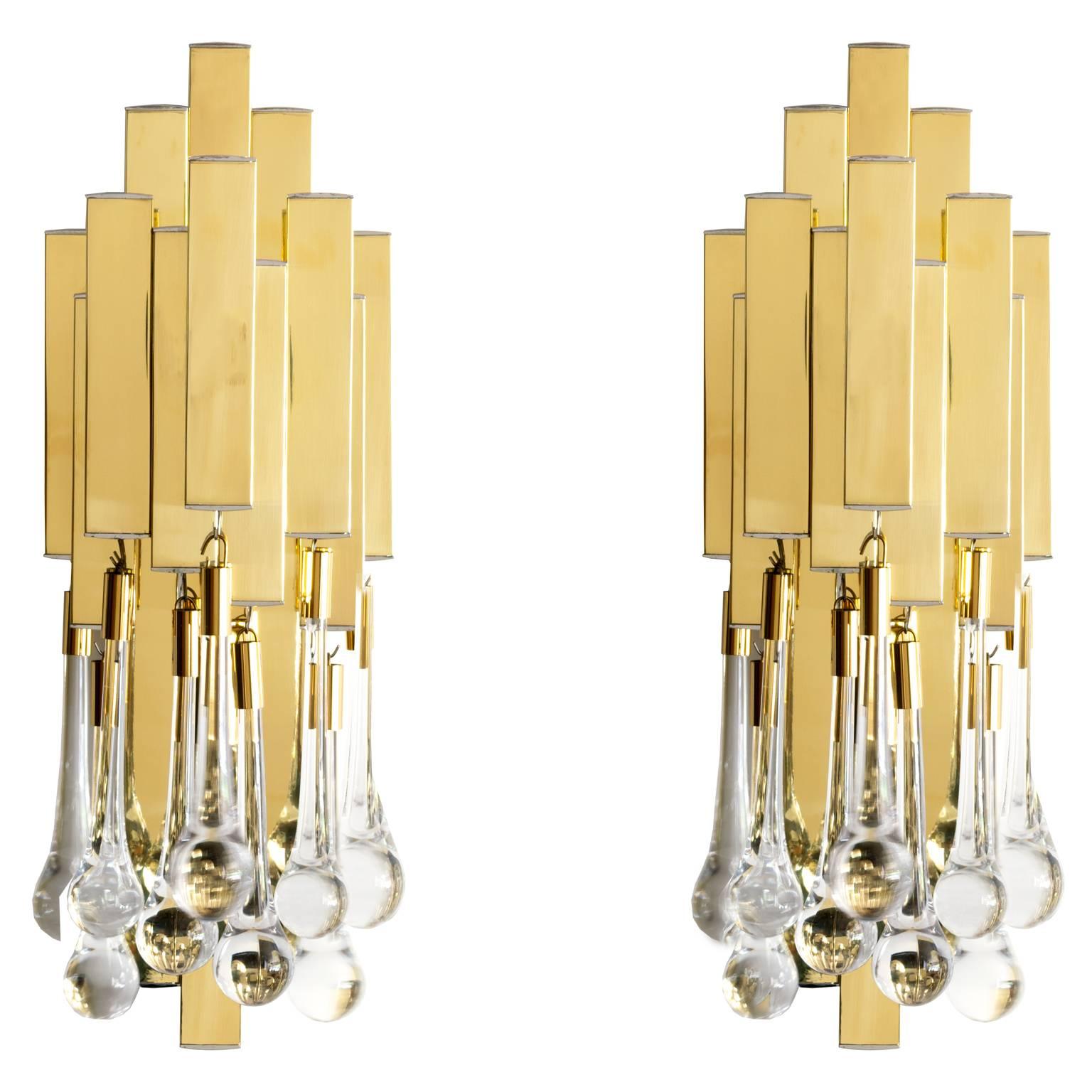 Pair of Mid-Century Modern Brass and Crystal Sconces by Lumica, Barcelona Spain For Sale