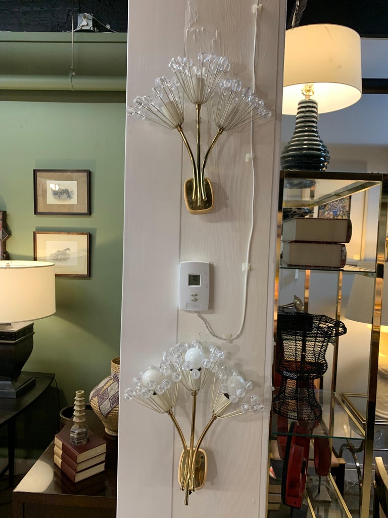 Pair of MidCentury Modern Brass and Glass Floral Wall Light Sconces For Sale at 1stDibs