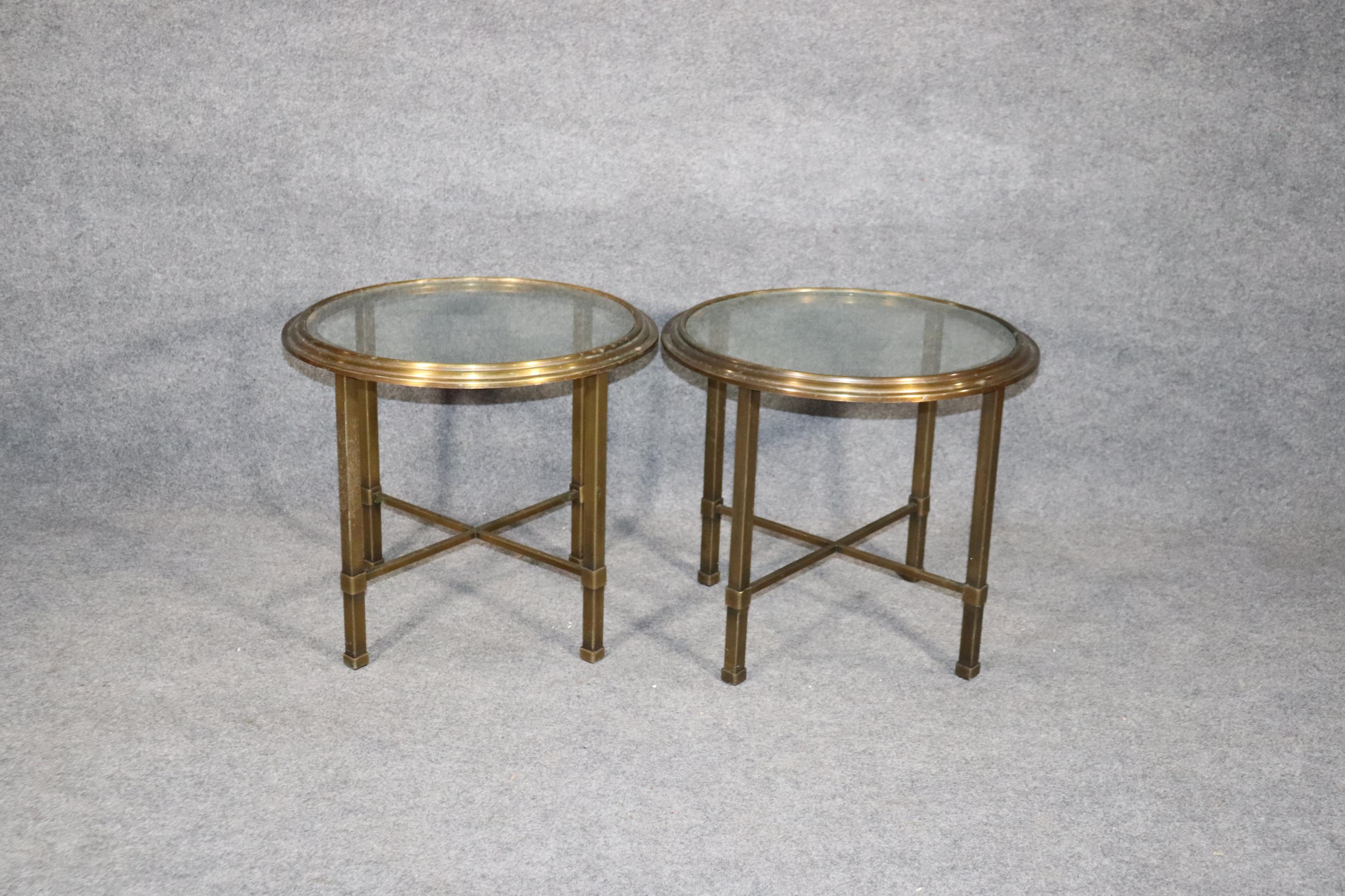 Unknown Pair of Mid-Century Modern Brass and Glass Mastercraft Style Round End Tables