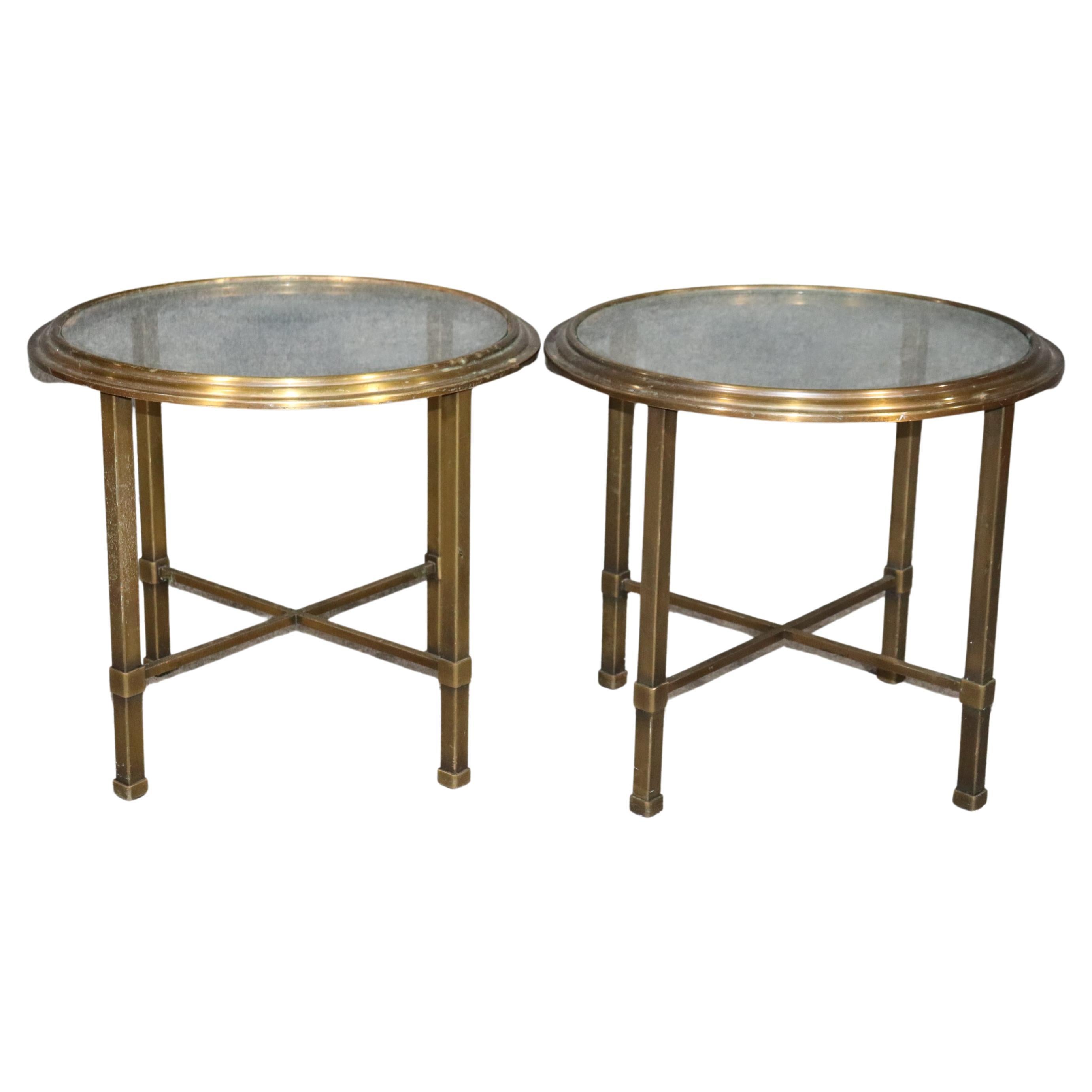 Pair of Mid-Century Modern Brass and Glass Mastercraft Style Round End Tables