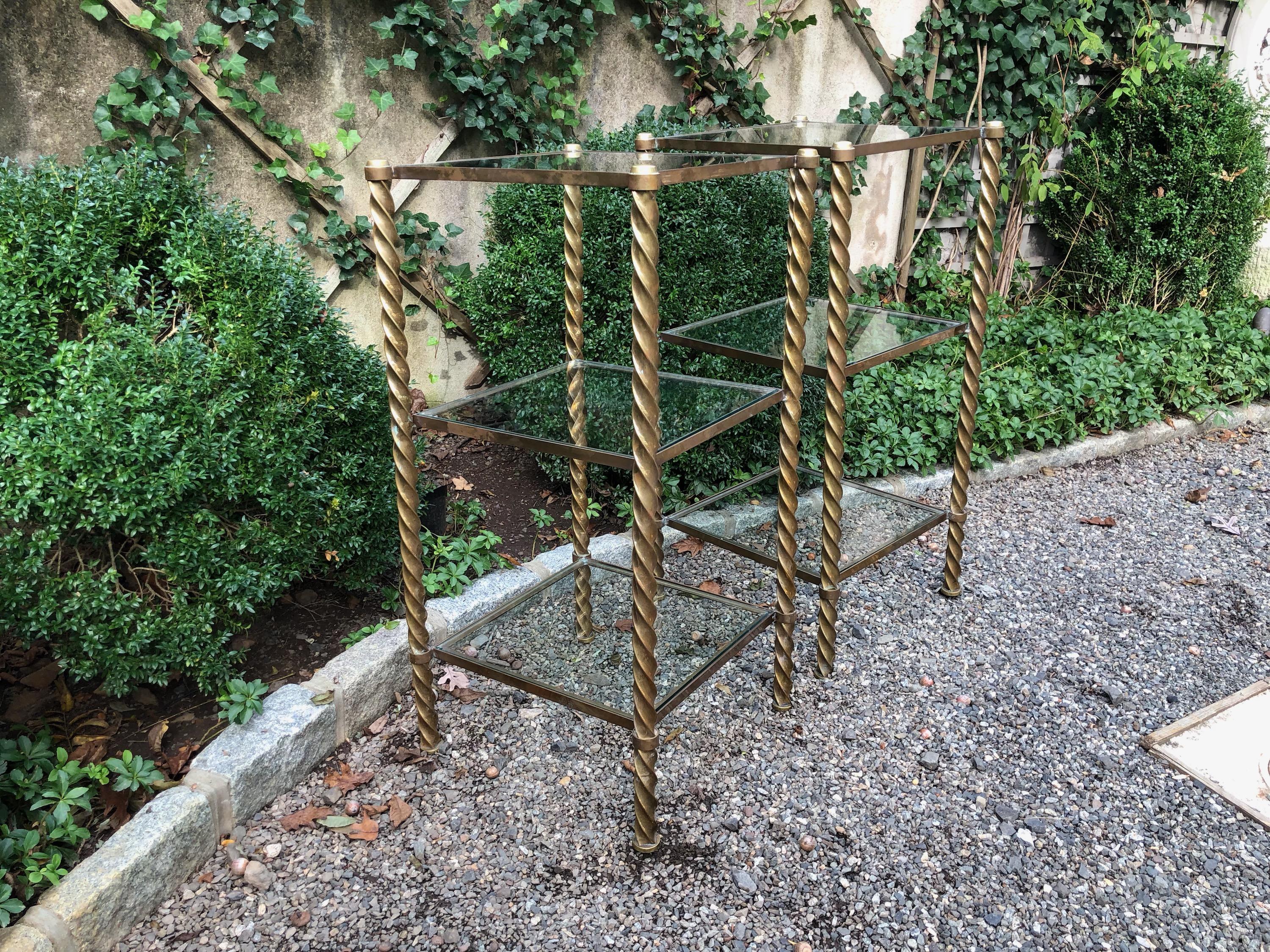 Late 20th Century Pair of Mid-Century Modern Brass and Glass Multi Tiered Étagère Bookshelves
