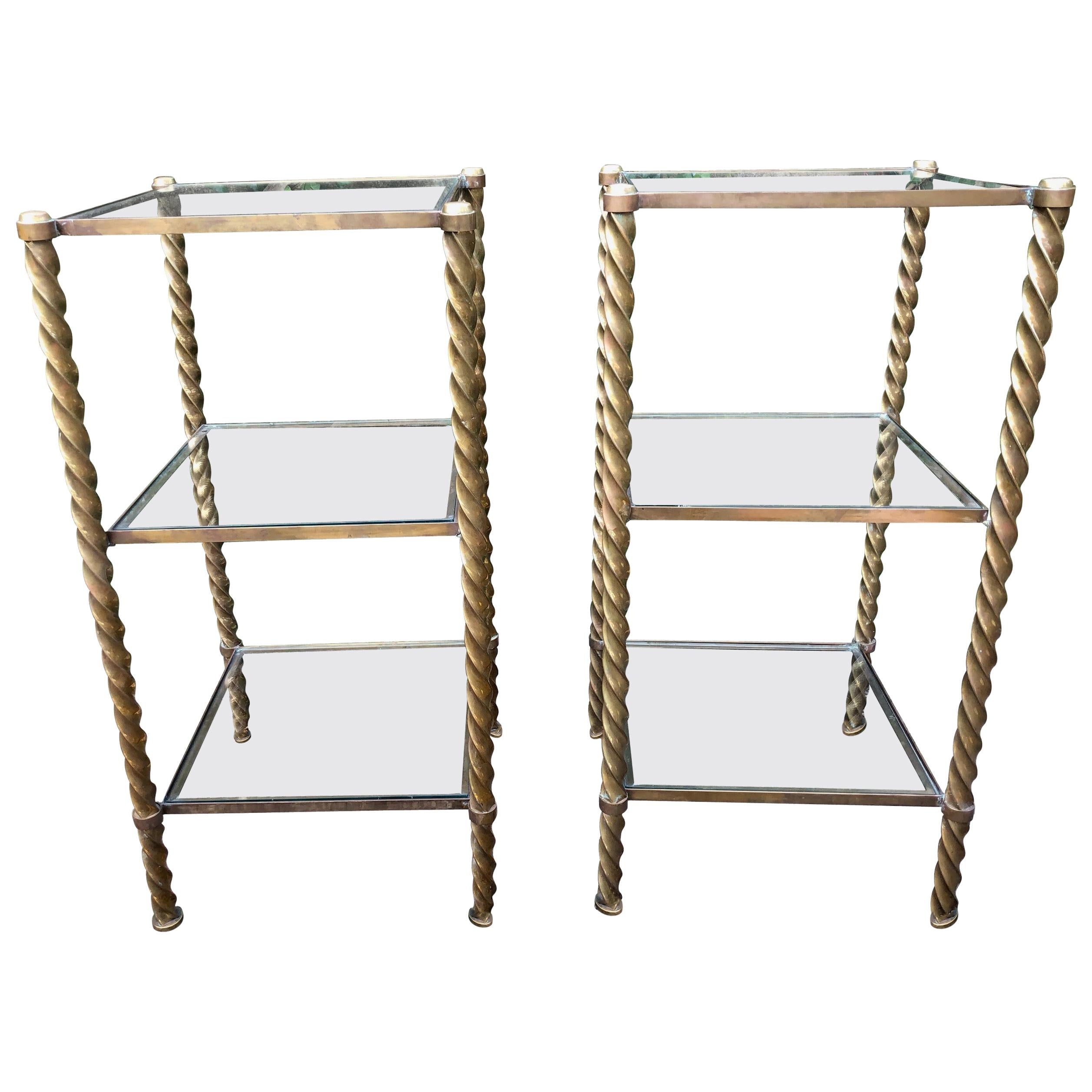 Pair of Mid-Century Modern Brass and Glass Multi Tiered Étagère Bookshelves