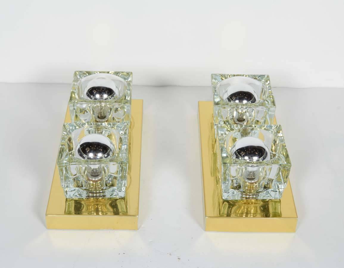 Polished Pair of Mid-Century Modern Brass and Glass Sconces by Peill & Putzler