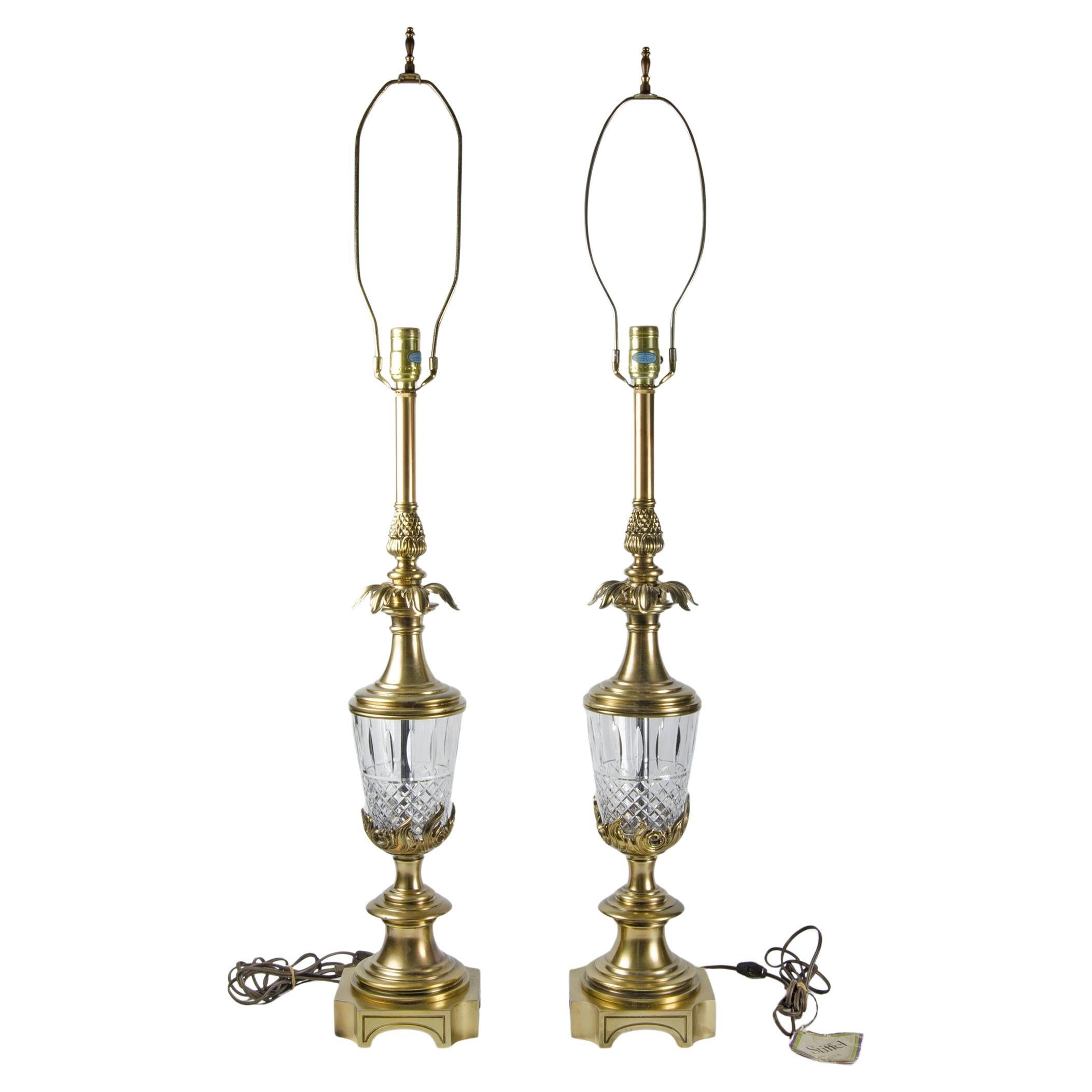 Pair of Mid-Century Modern Brass and Glass Table Lamps by Stiffel, United States For Sale