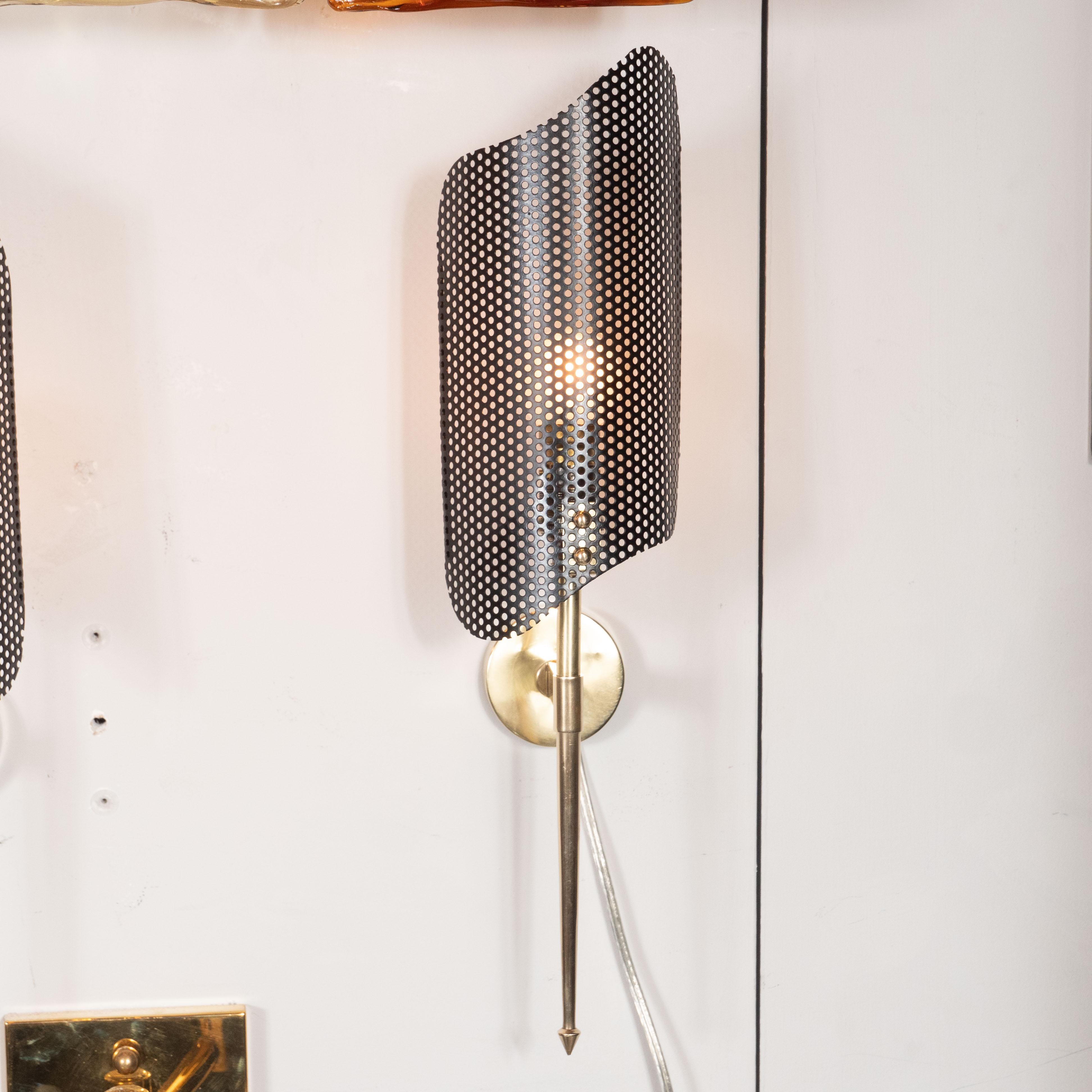 Enameled Mid-Century Modern Brass and Perforated Metal Sconce by Mathieu Mategot